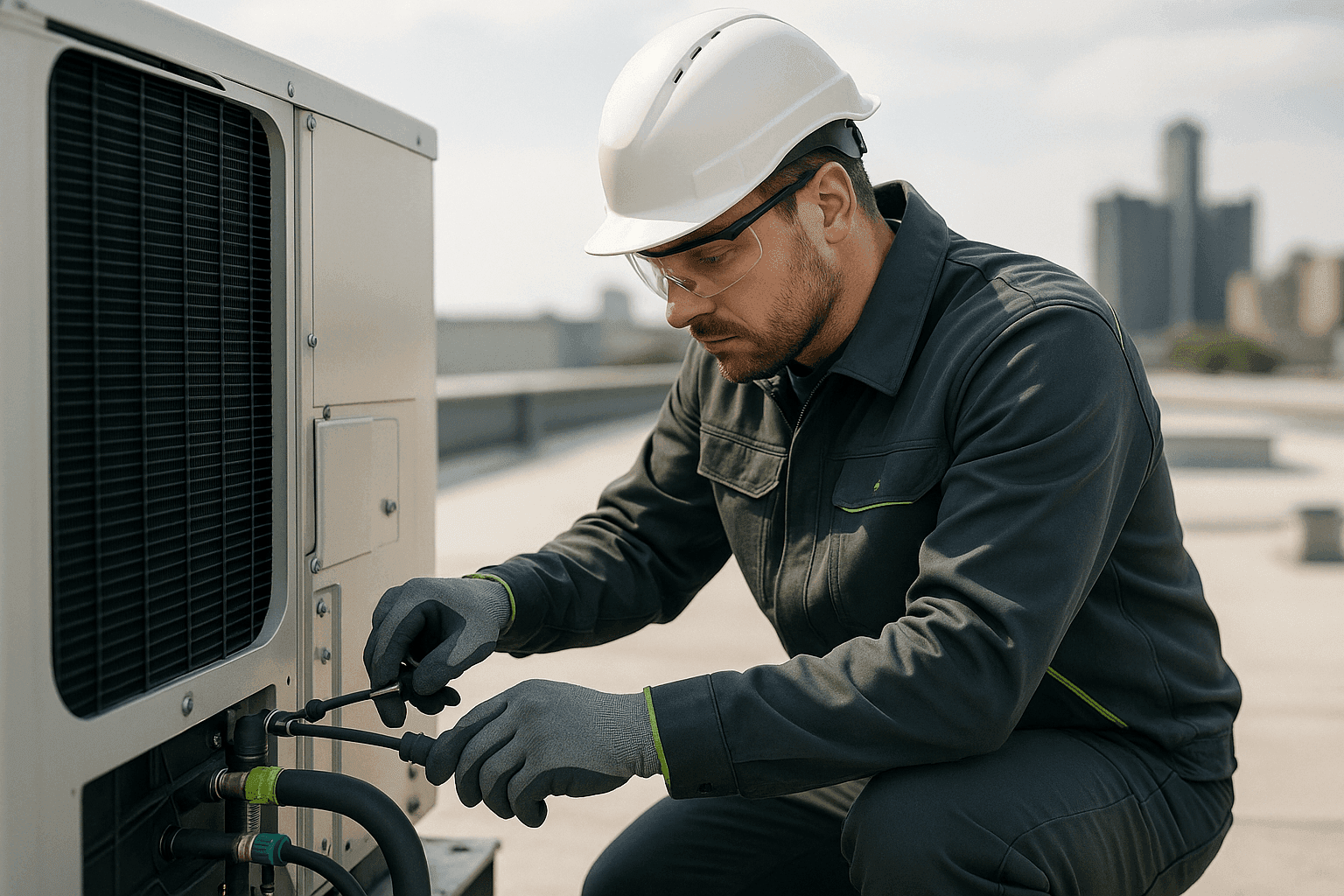 HVAC technician wearing safety gear adjusts rooftop HVAC unit controls on commercial building