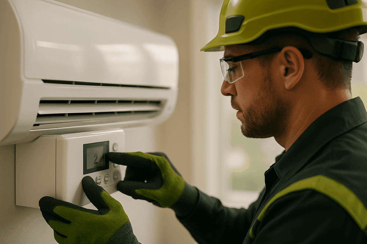 Close-up of gloved hands adjusting air conditioning control panel in residential setting